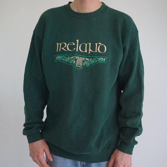 VTG '90s Santee Heavyweight Embroidered Ireland Hunter Green Crewneck Sweater L - Picture 1 of 10